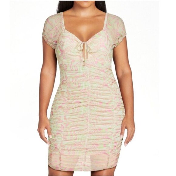 Madden NYC Bodycon Dress XS Ruched Pink Green Swirl Y2K Milkmaid Sheer Mesh Sexy - Picture 1 of 14